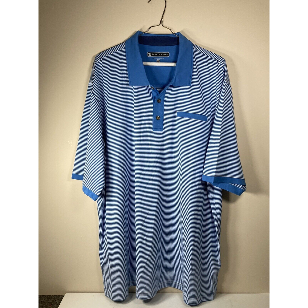 Pebble Beach Shirt Men 2XL Blue Stripe Golf Polo Short Sleeve Logo Collared NWOT